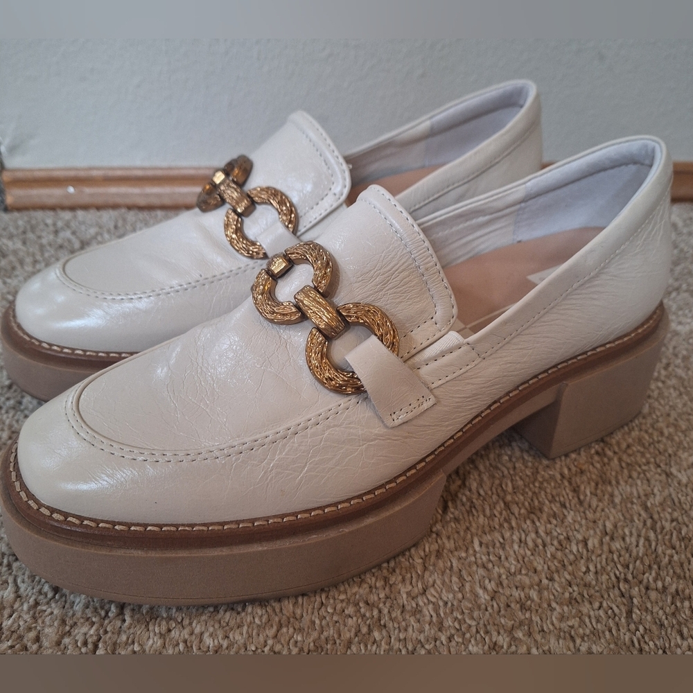 Dolce Vita Sheena Loafer Chunky Cream Gold Chain Block Heel Womens 8.5